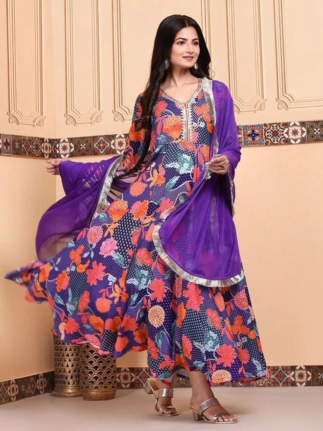 Ishin  Women Purple Floral Kurta and Pants with Dupatta Set for Women | Best Price UAE